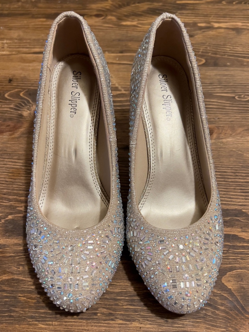Silver Slipper Crystal-Embellished Nude Pumps